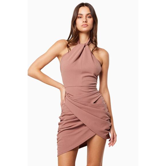 Elliatt NWT Valora Dress Tan Nude Mini Ruched Twist Halter Size Small - Picture 1 of 5